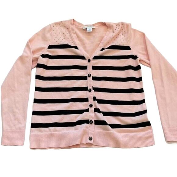 Pink, Black Stripe Cotton Blend V-Neck Cardigan Knit Sweater, Metal Beading, S - Picture 1 of 9